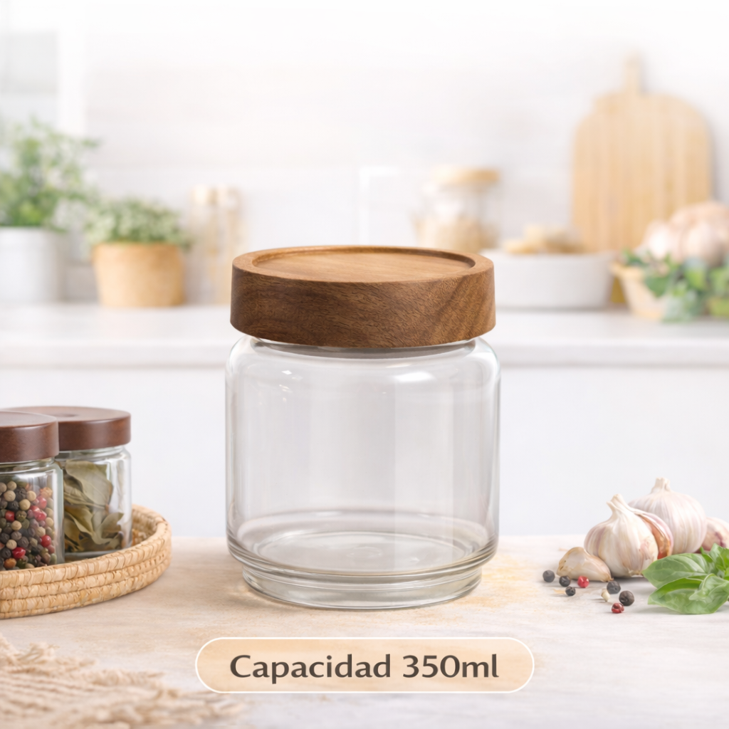Contenedor de vidrio con tapa de madera plana y goma hermética