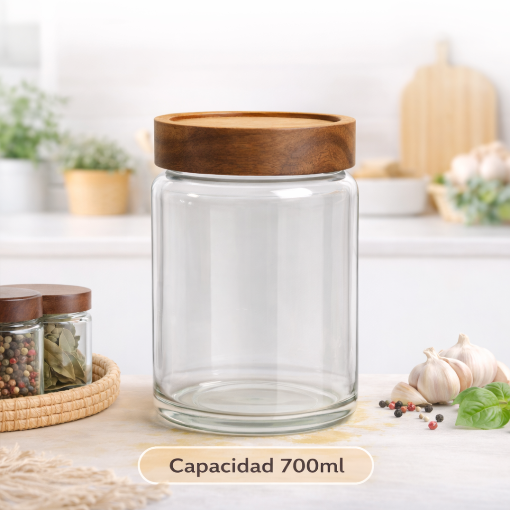 Contenedor de vidrio con tapa de madera plana y goma hermética