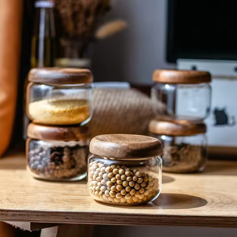 Frasco de vidrio tapa de madera hermética